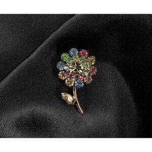 Vintage Multicolor Rhinestone Flower Brooch Pin Gold-Tone Metal